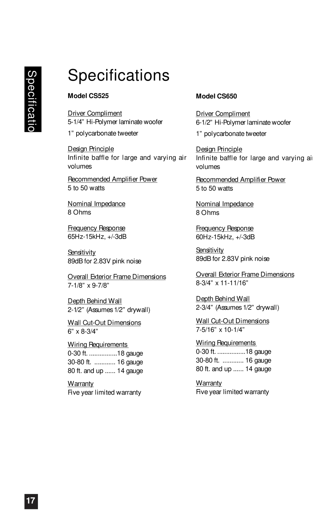 Niles Audio manual Specifications, Model CS525, Model CS650 