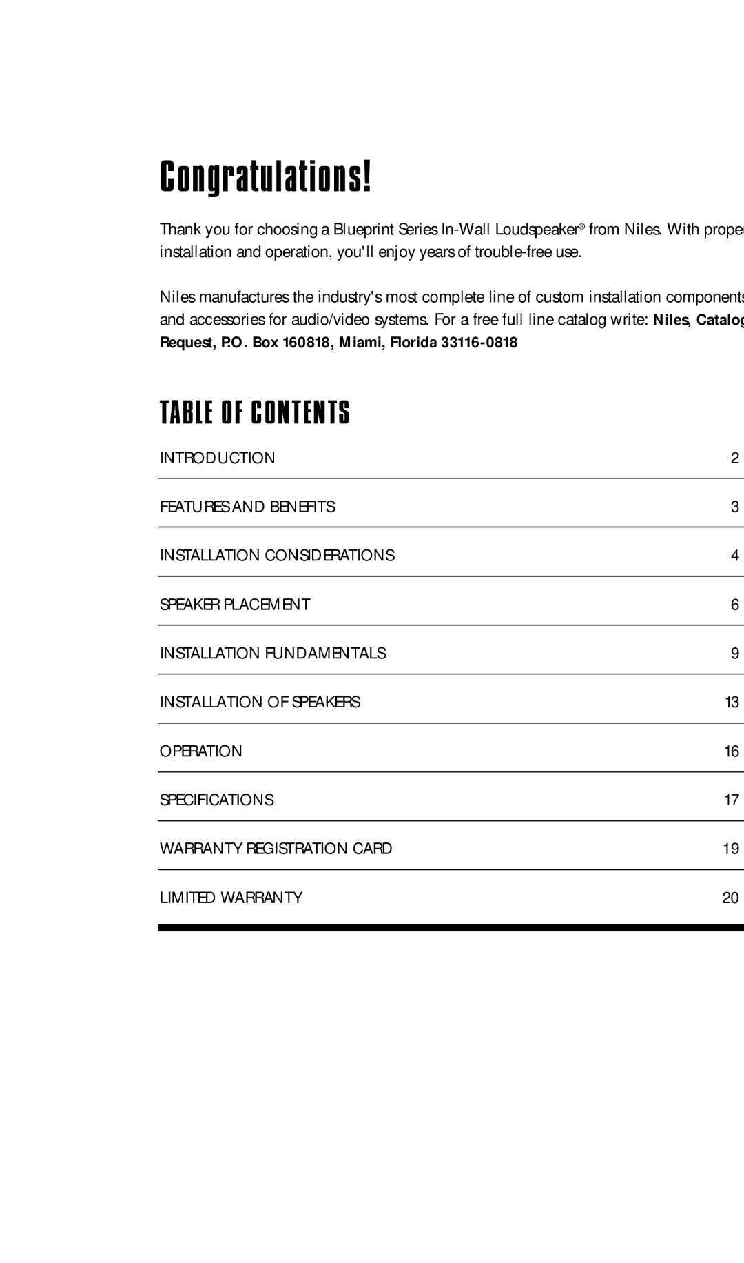 Niles Audio CS525, CS650 manual Congratulations, Table of Contents 