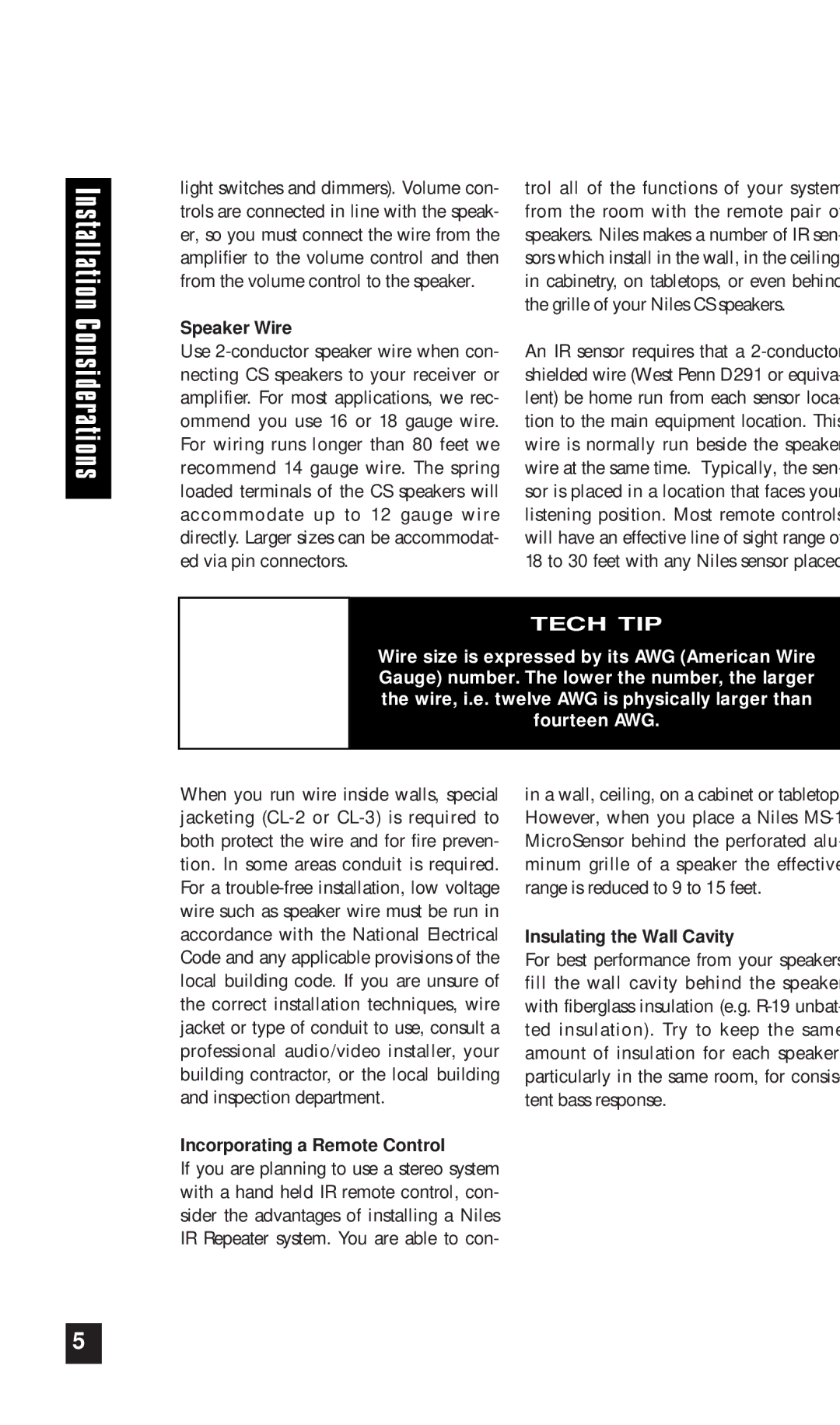 Niles Audio CS525, CS650 manual Speaker Wire, Incorporating a Remote Control, Insulating the Wall Cavity 