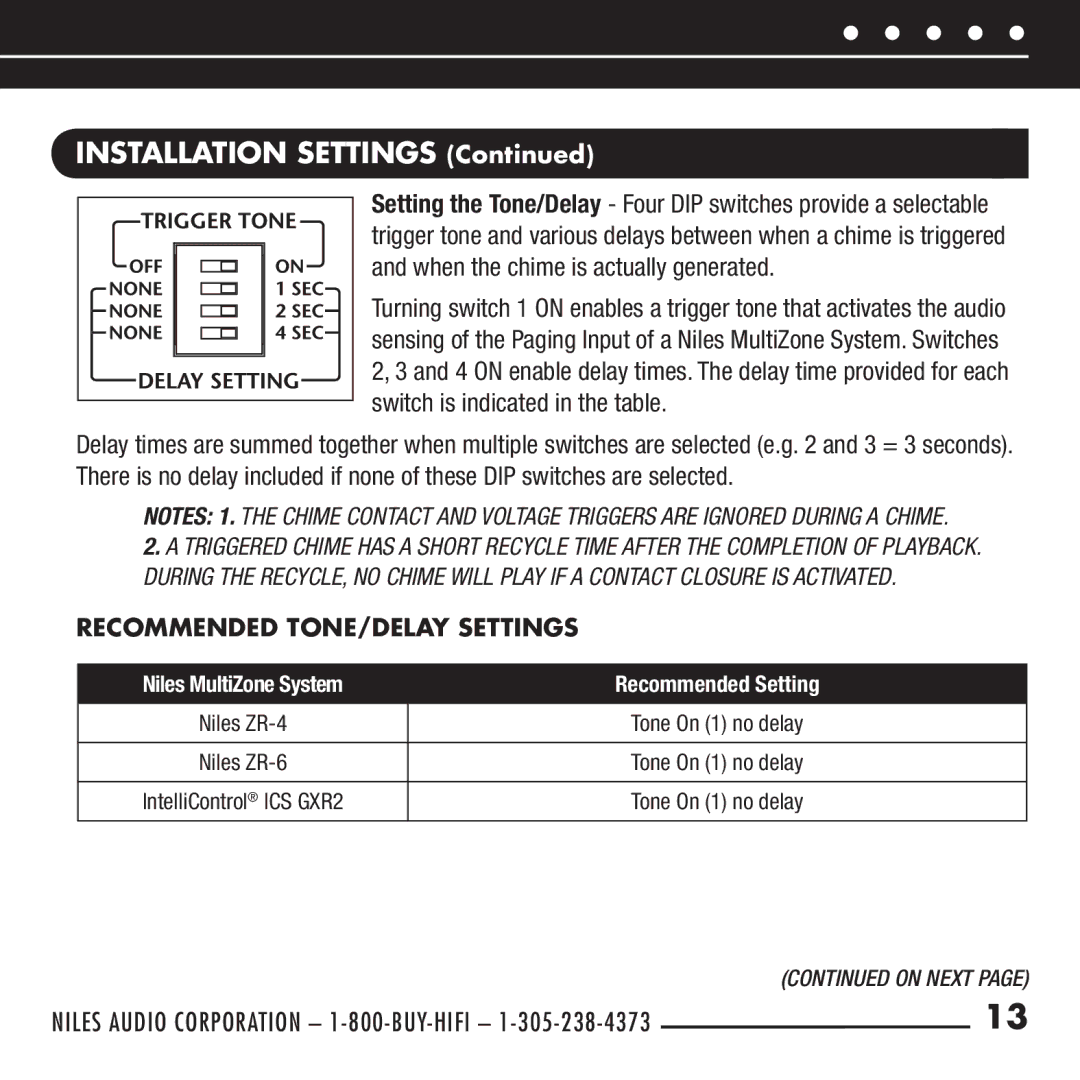 Niles Audio DBI-2 manual Recommended Tone/Delay Settings 