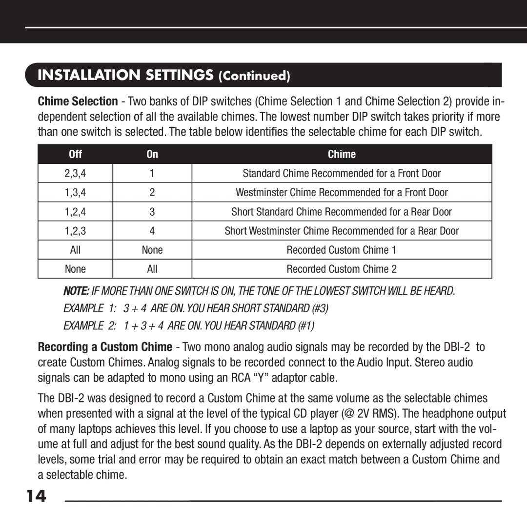 Niles Audio DBI-2 manual Off Chime 