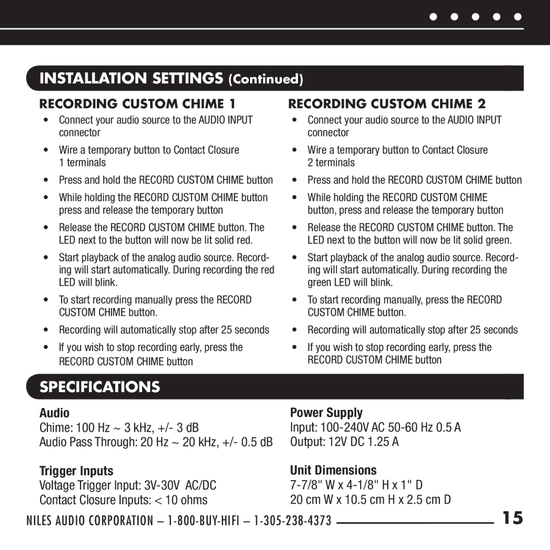 Niles Audio DBI-2 manual Specifications, Recording Custom Chime 