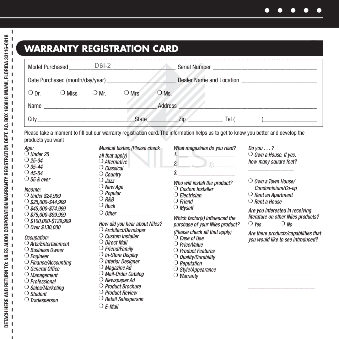 Niles Audio DBI-2 manual Warranty registration card, Miss Mrs 