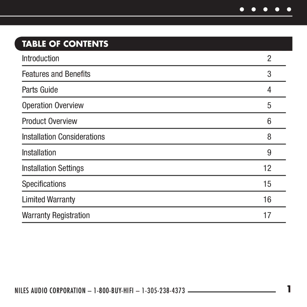 Niles Audio DBI-2 manual Table of Contents 