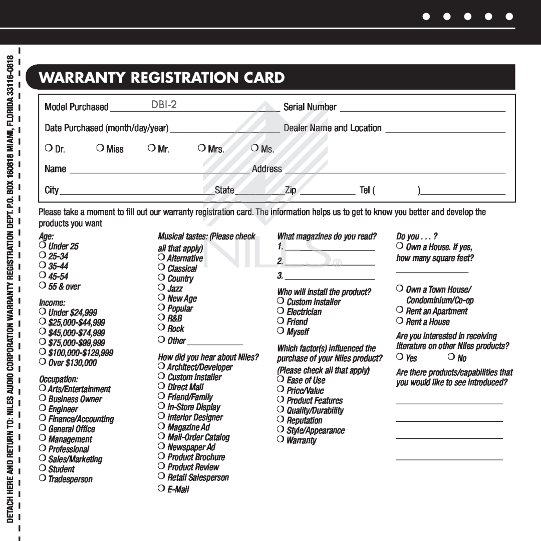 Niles Audio DBI-2 manual Warranty registration card, Miss, products you want 