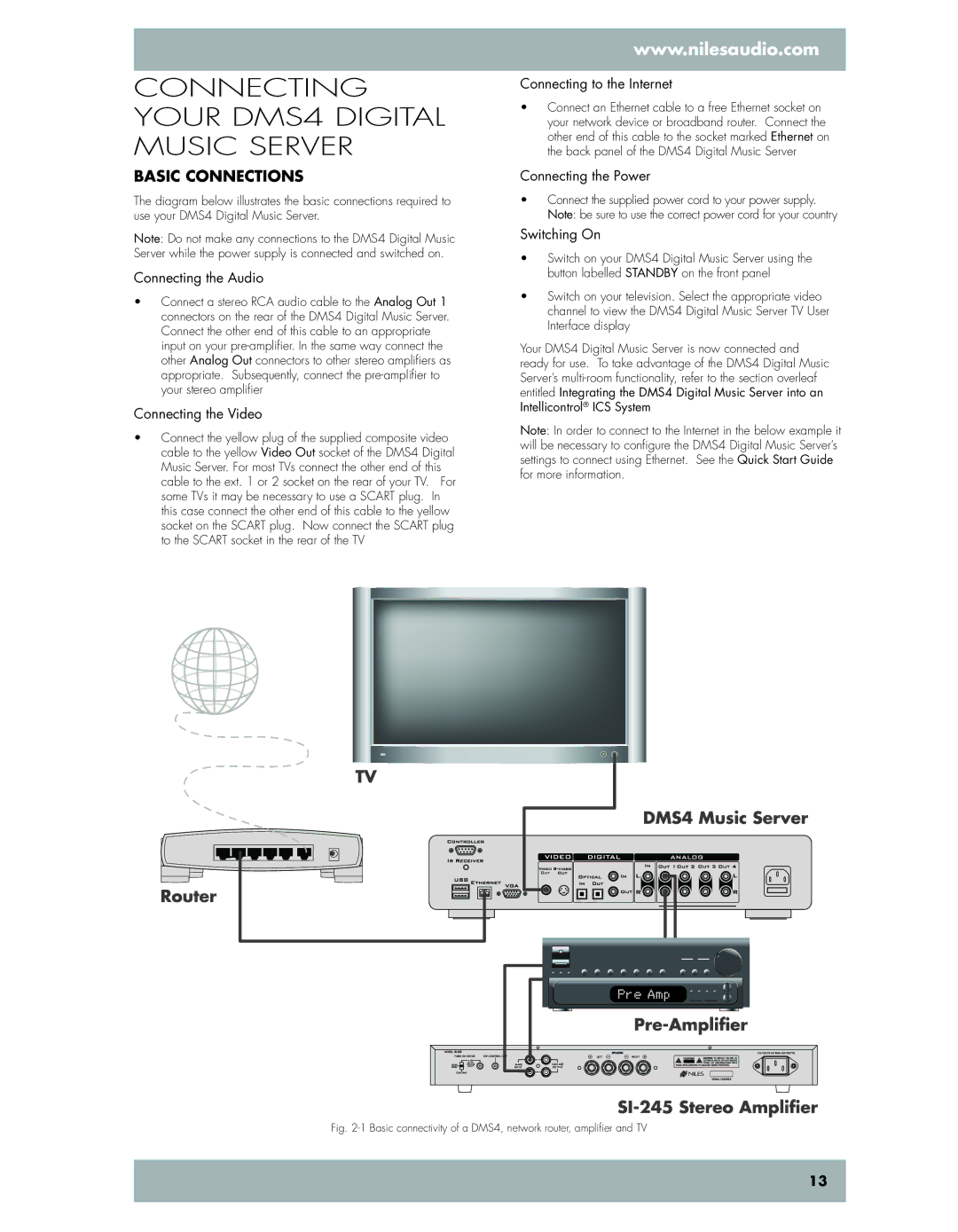 Niles Audio manual Connecting your DMS4 Digital Music Server, Basic connections 