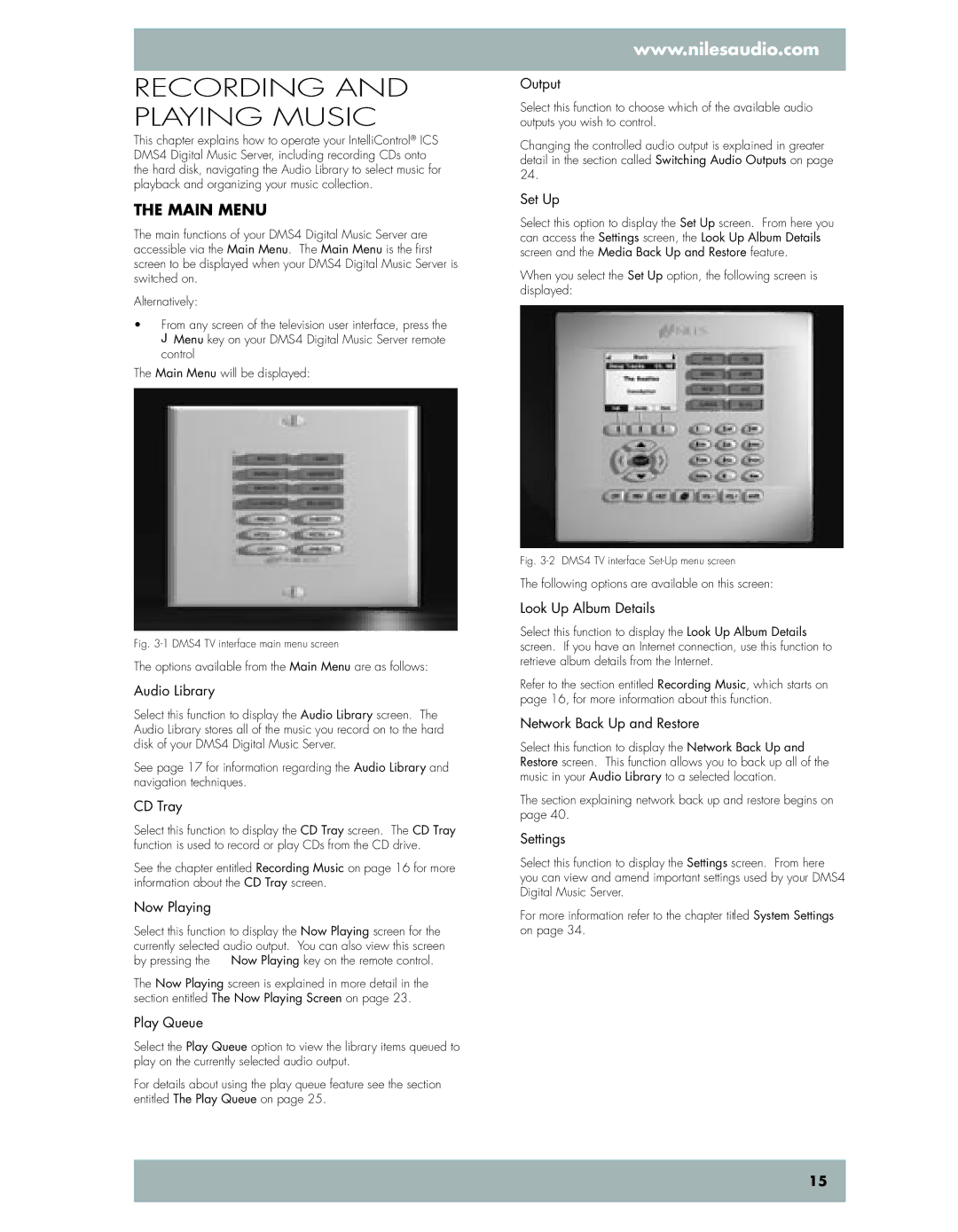 Niles Audio DMS4 manual Recording and playing music, Main menu 