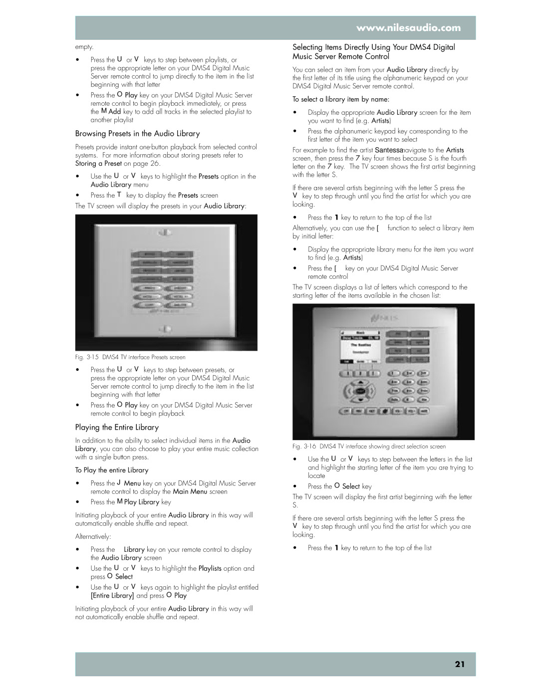 Niles Audio DMS4 manual Browsing Presets in the Audio Library, Playing the Entire Library 