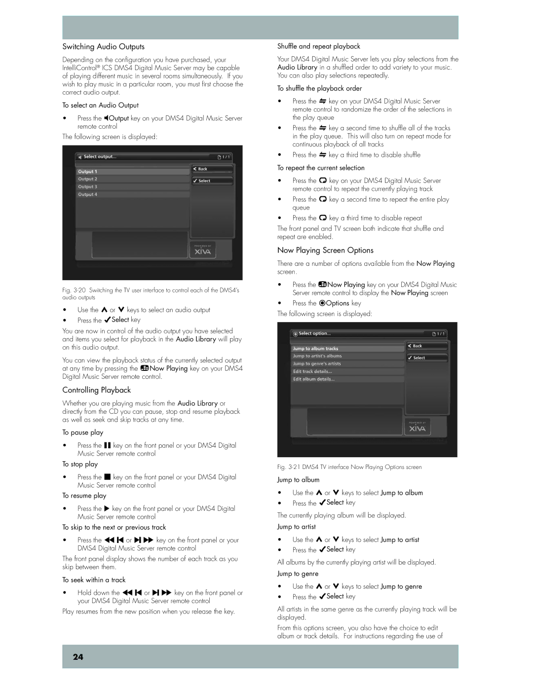 Niles Audio DMS4 manual Switching Audio Outputs, Controlling Playback, Now Playing Screen Options 