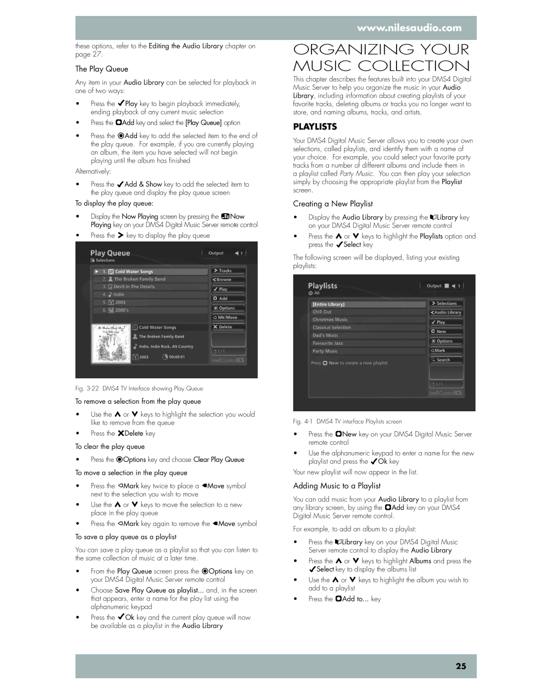 Niles Audio DMS4 manual Organizing your music collection, Playlists, Creating a New Playlist, Adding Music to a Playlist 