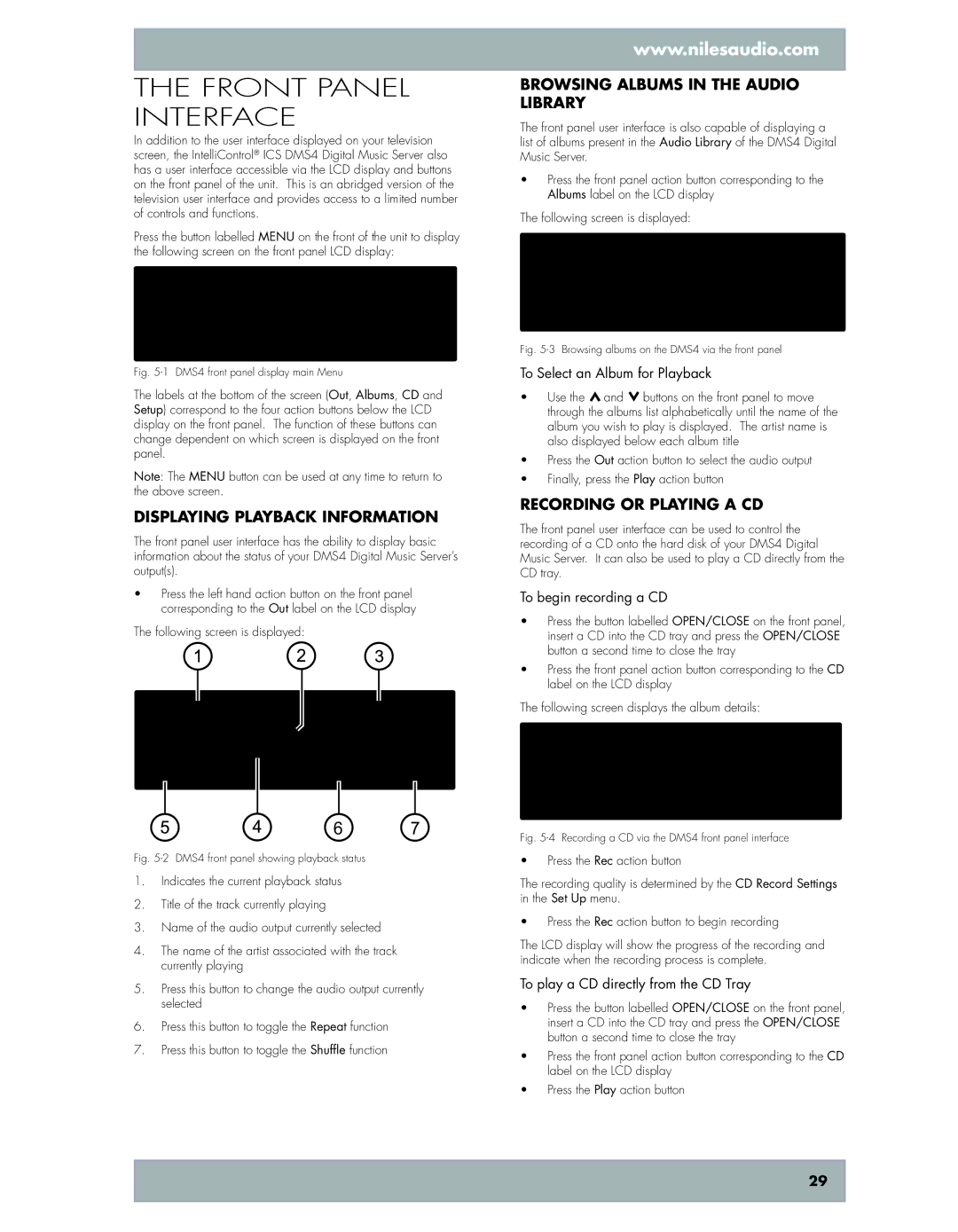 Niles Audio DMS4 manual Front panel interface, Displaying Playback Information, Browsing Albums in the Audio Library 