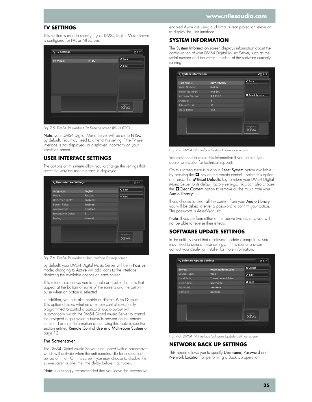 Niles Audio DMS4 manual TV Settings, System Information, User Interface Settings, Software Update Settings 