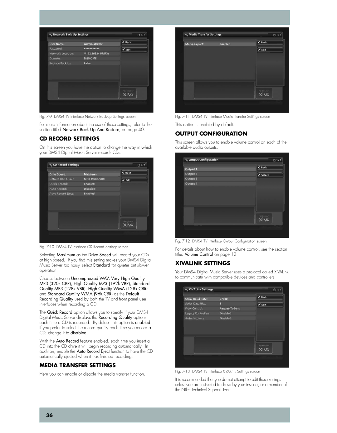 Niles Audio DMS4 manual CD Record Settings, Media Transfer Settings, Output Configuration, XiVALink Settings 