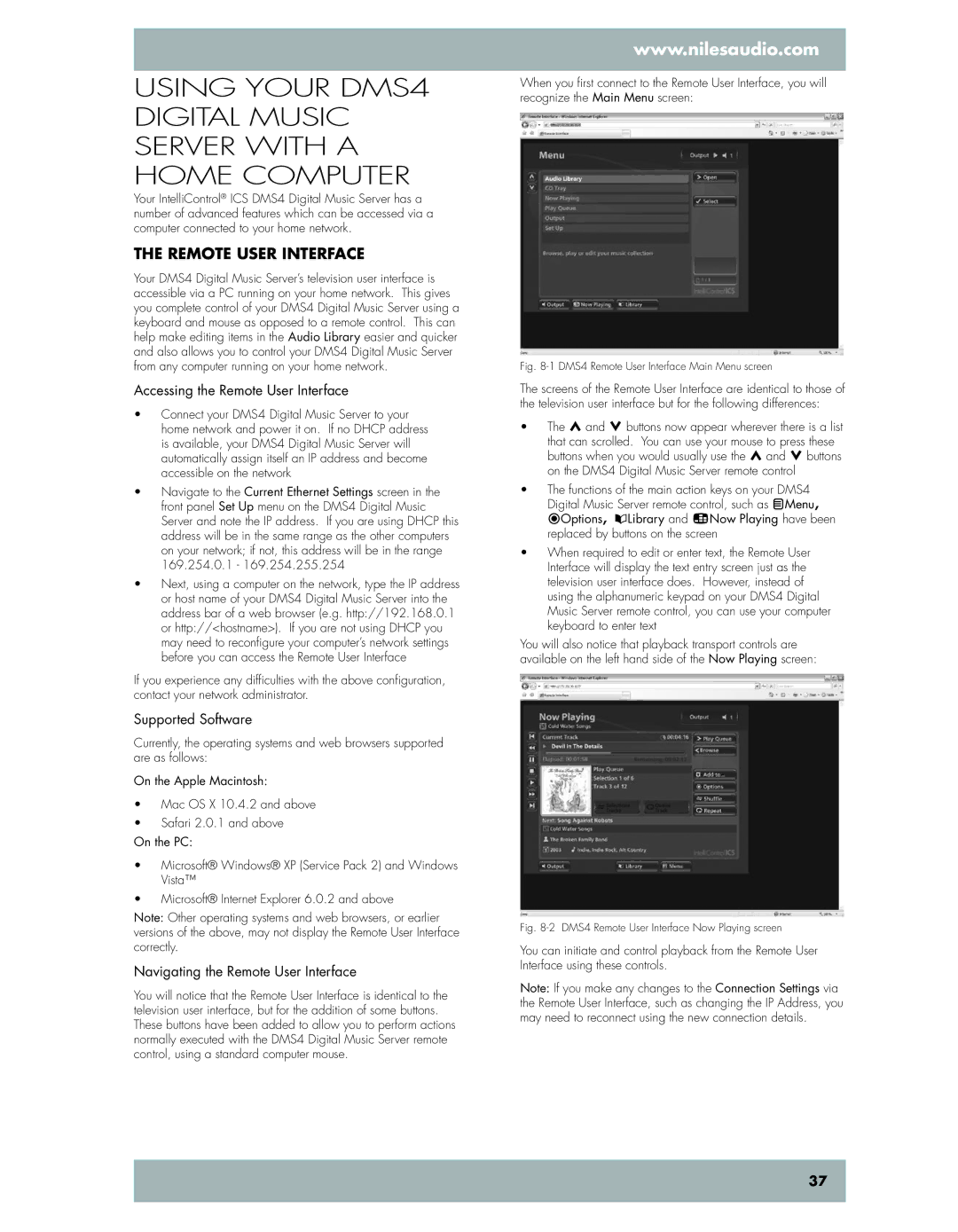 Niles Audio manual Using your DMS4 Digital Music Server with a home computer, Remote user interface, Supported Software 