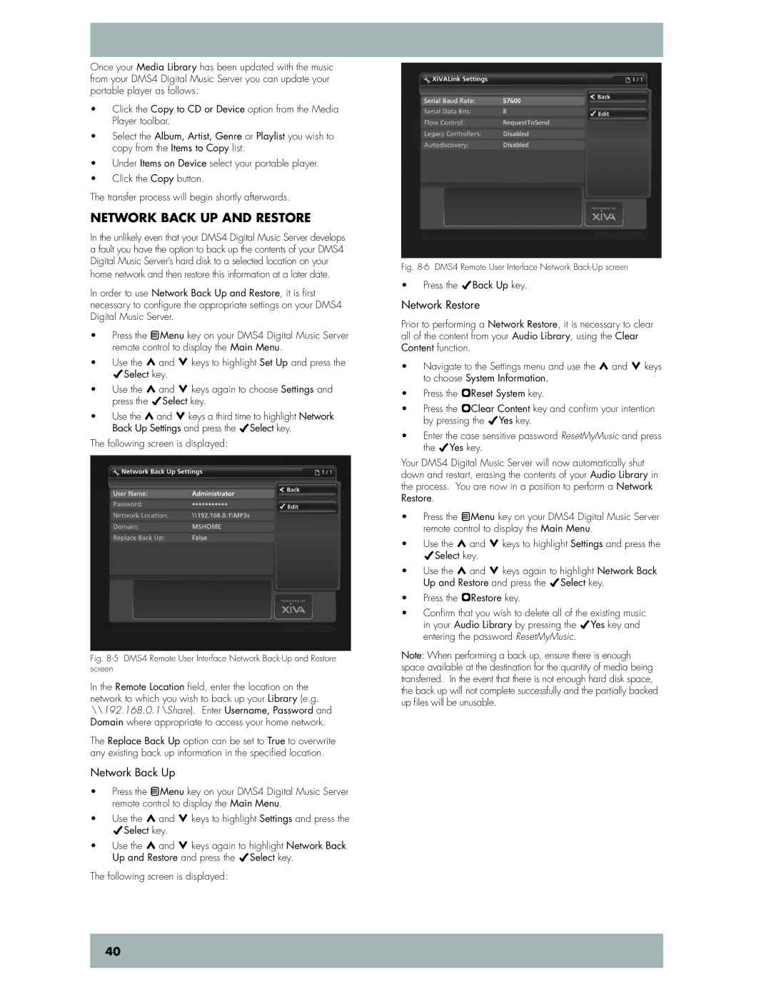 Niles Audio DMS4 manual Network back up and restore, Network Back Up, Network Restore 