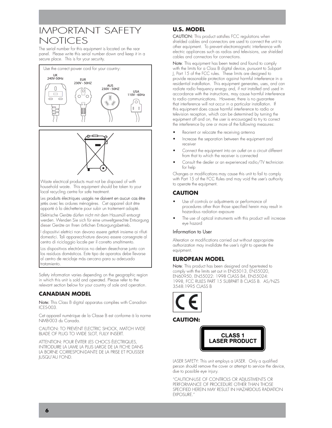 Niles Audio DMS4 manual Important Safety Notices, Canadian model, European model, Information to User 