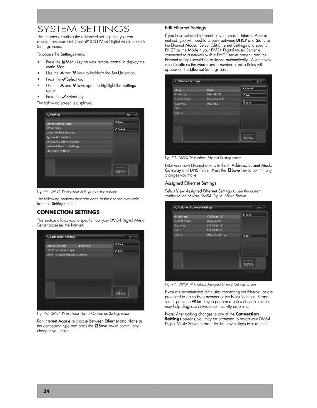 Niles Audio DMS4 manual System setTINGS, Connection Settings, Edit Ethernet Settings, Assigned Ethernet Settings 