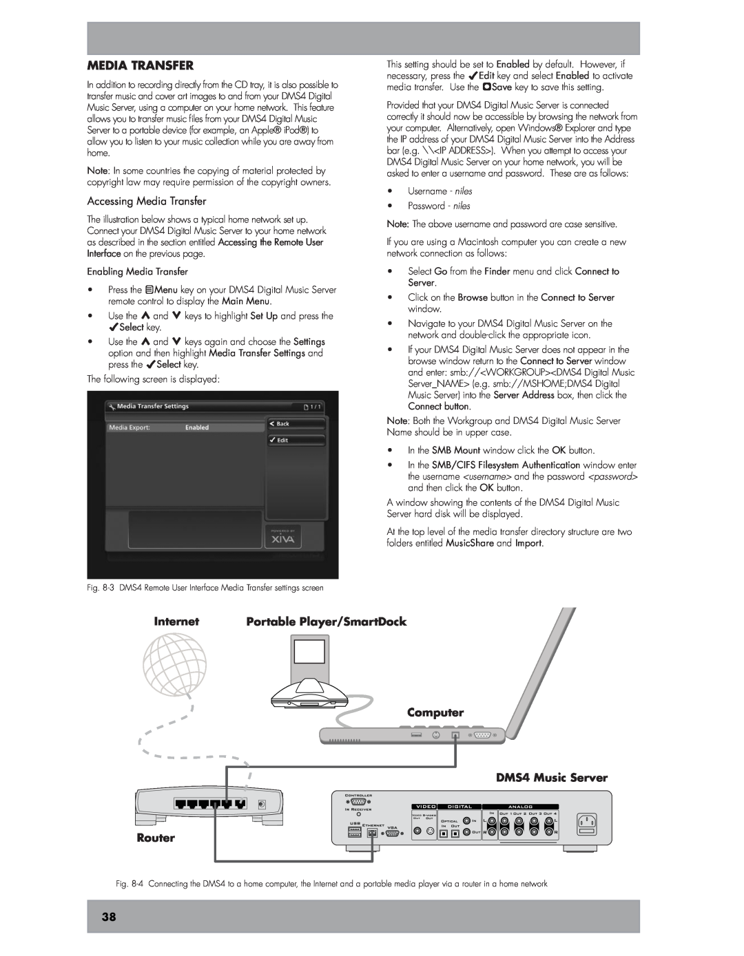 Niles Audio manual Media transfer, Internet Portable Player/SmartDock Computer DMS4 Music Server Router 