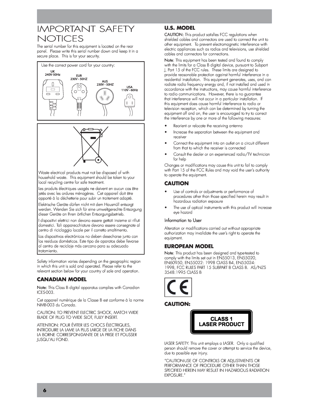 Niles Audio DMS4 manual Important Safety Notices, Canadian model, U.S. Model, European model, Information to User 