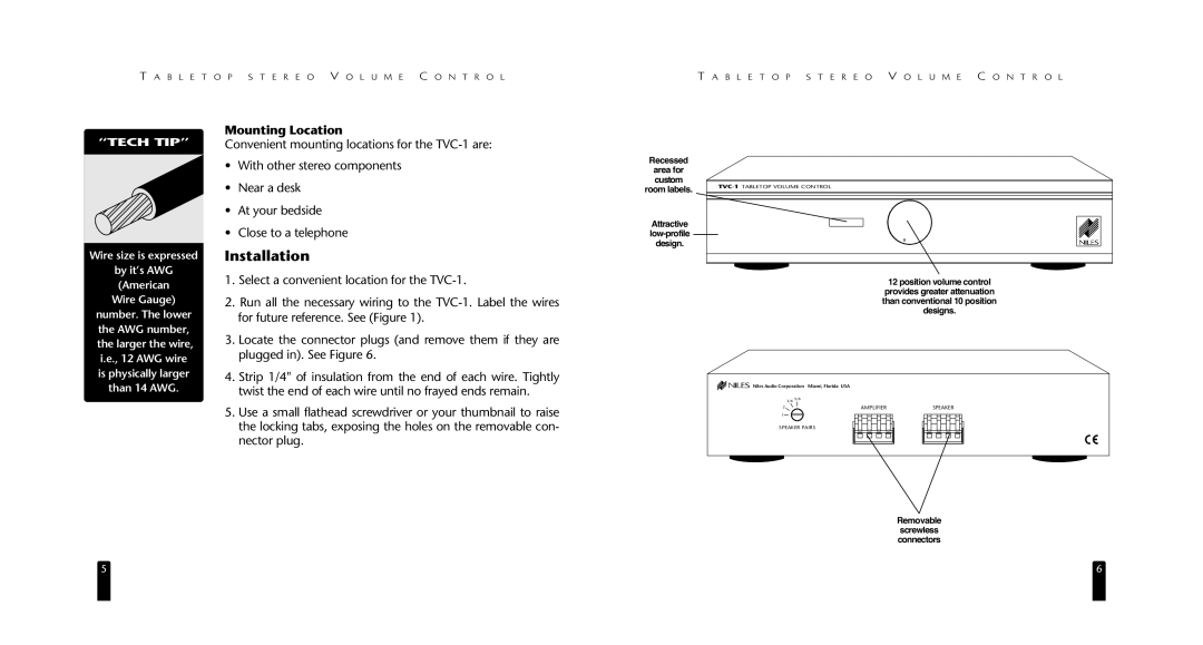 Niles Audio DS00356ACN Installation, Mounting Location, Tech TIP, Wire size is expressed By it’s AWG American Wire Gauge 