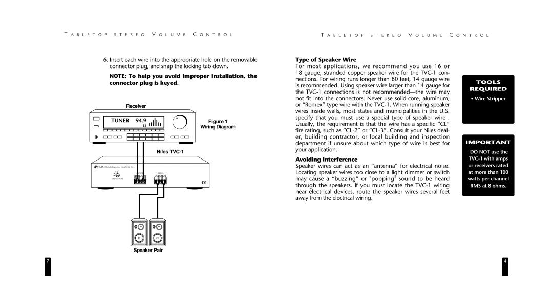 Niles Audio DS00356ACN specifications Type of Speaker Wire, Tuner, Avoiding Interference, Tools Required 