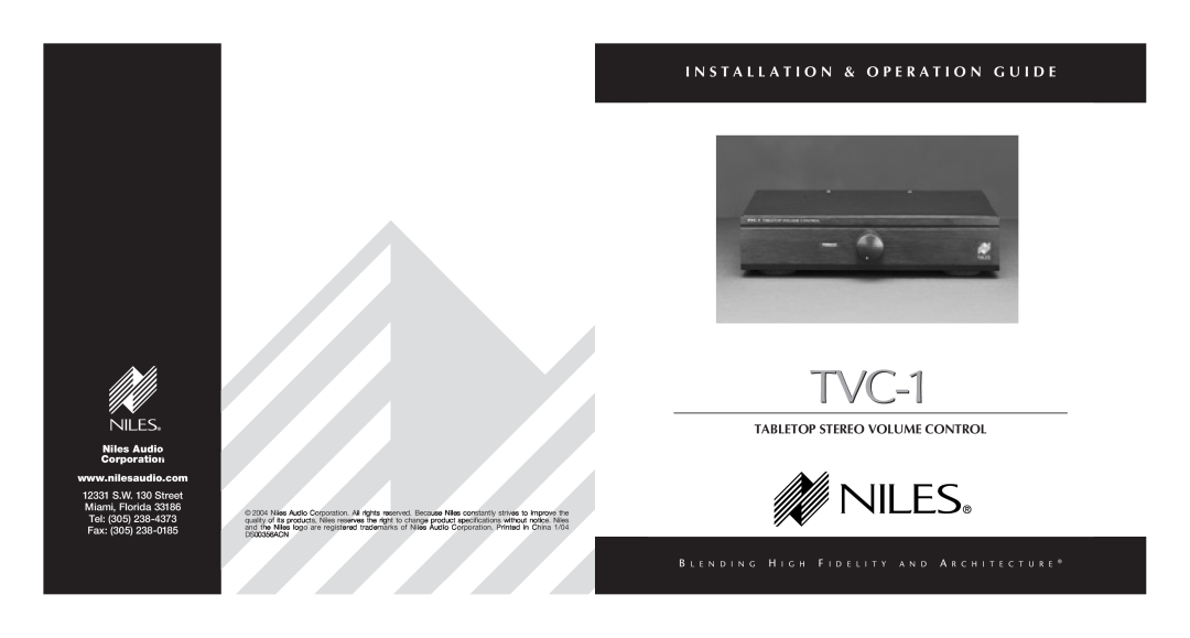 Niles Audio DS00356ACN specifications TVC-1, Tabletop Stereo Volume Control, Niles Audio, Fax 