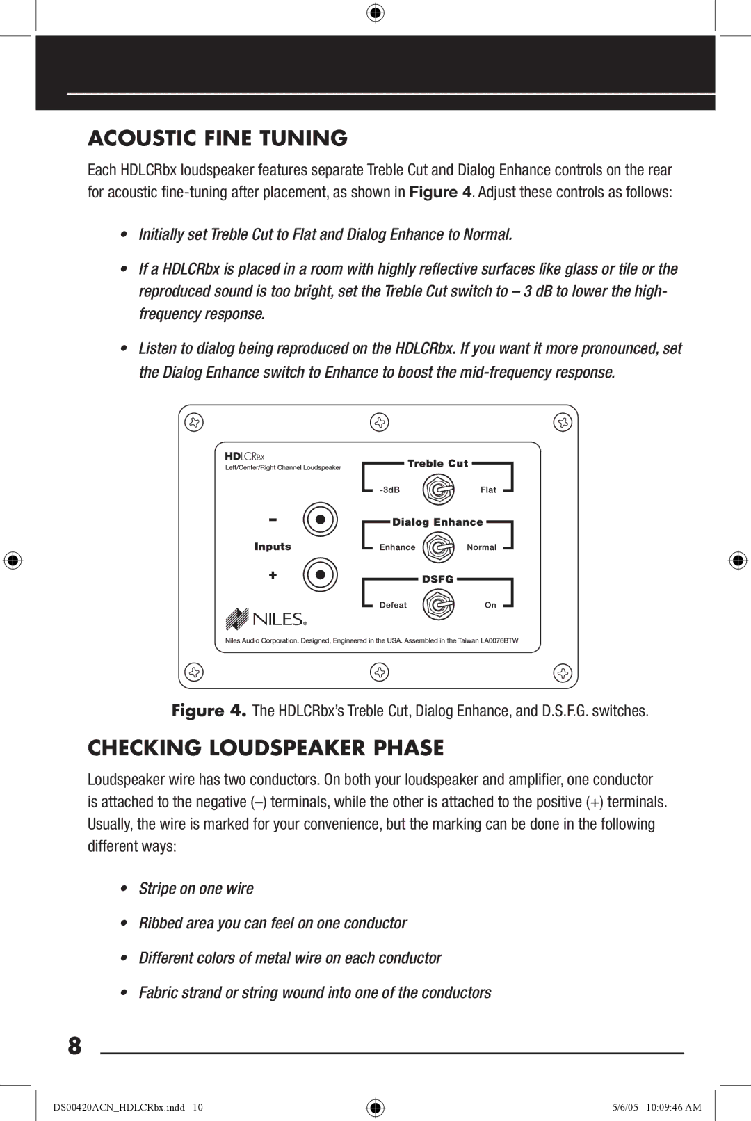 Niles Audio DS00420ACN manual Checking Loudspeaker Phase, HDLCRbx’s Treble Cut, Dialog Enhance, and D.S.F.G. switches 