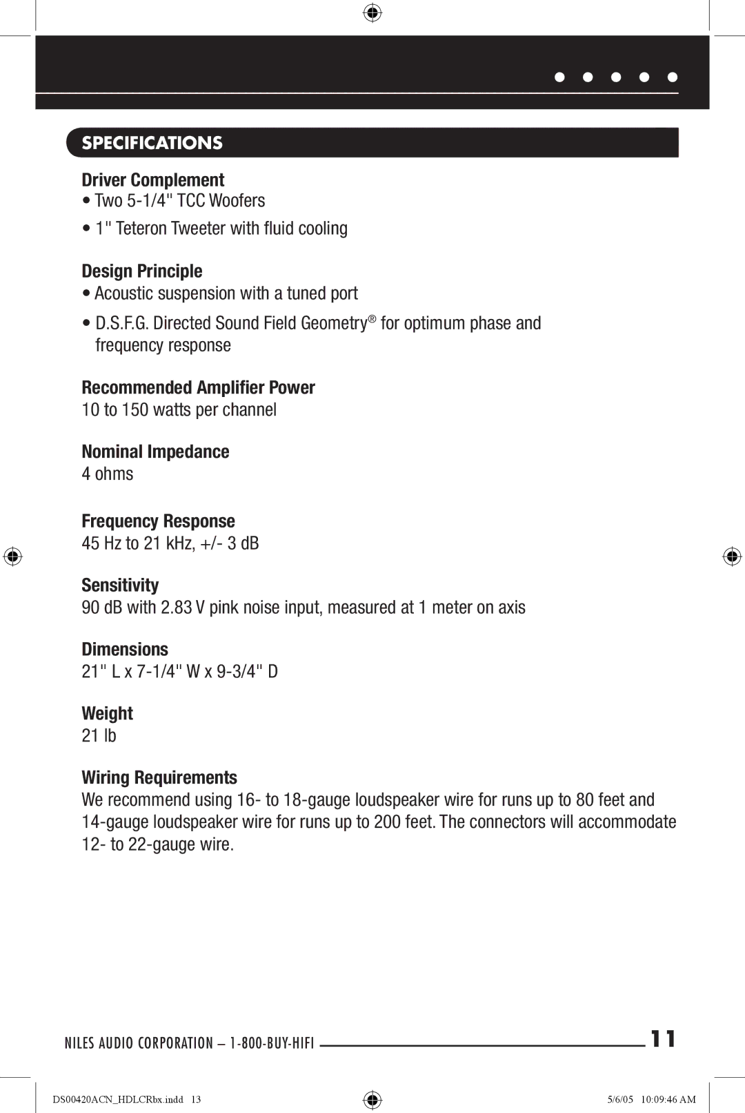 Niles Audio DS00420ACN manual Specifications 