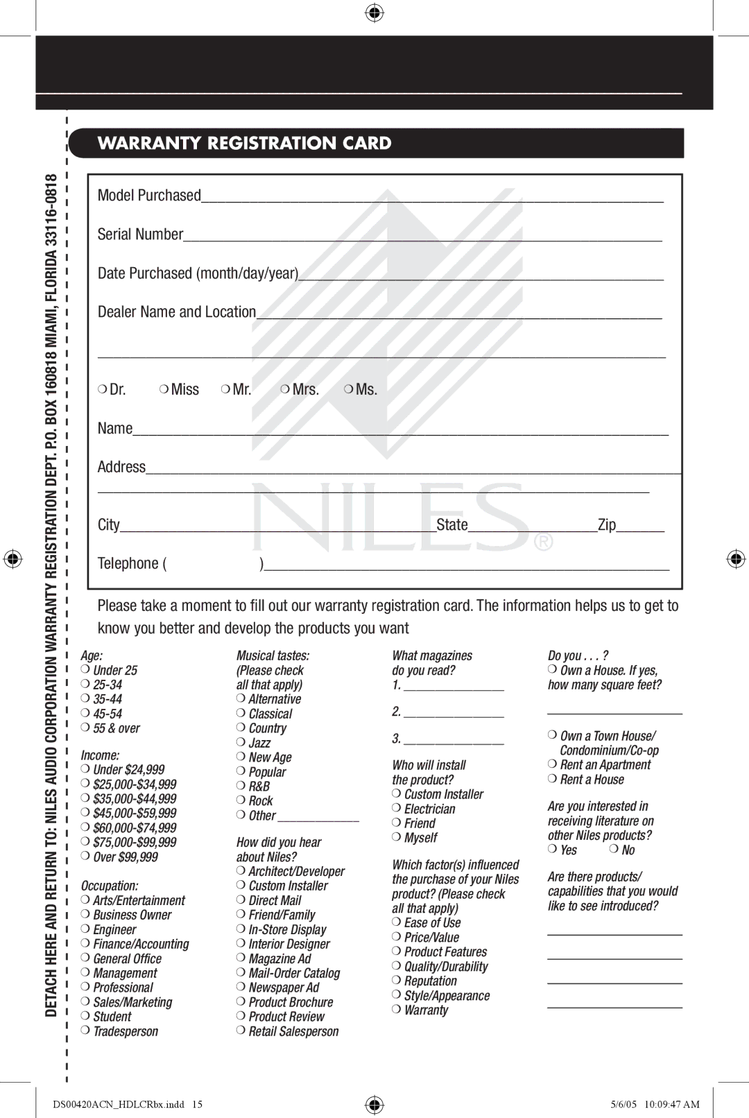 Niles Audio DS00420ACN manual Warranty Registration Card, Yes 