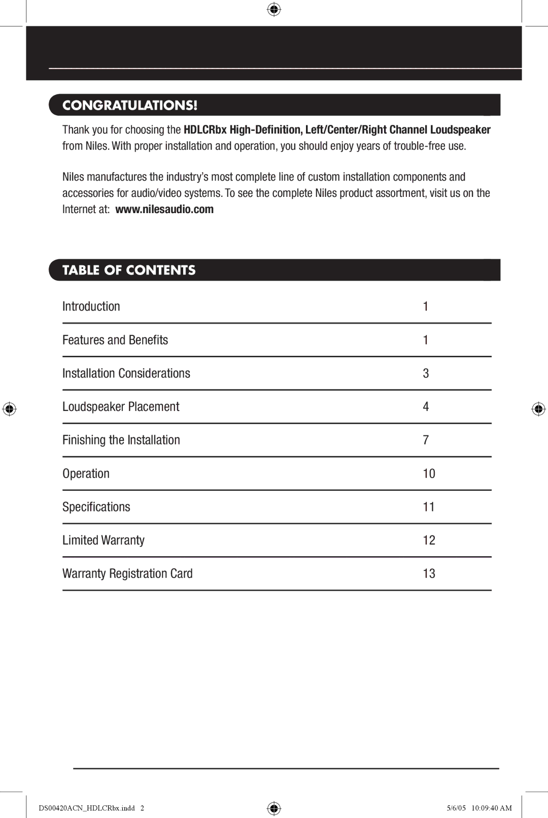 Niles Audio DS00420ACN manual Congratulations, Table of Contents 