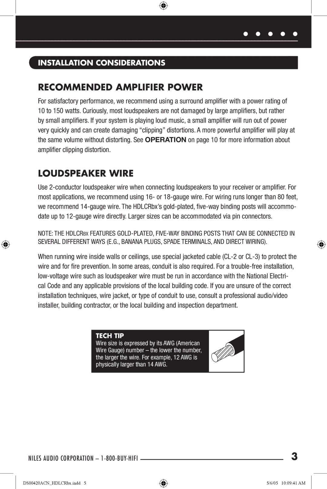 Niles Audio DS00420ACN manual Recommended Amplifier Power, Loudspeaker Wire, Installation Considerations 