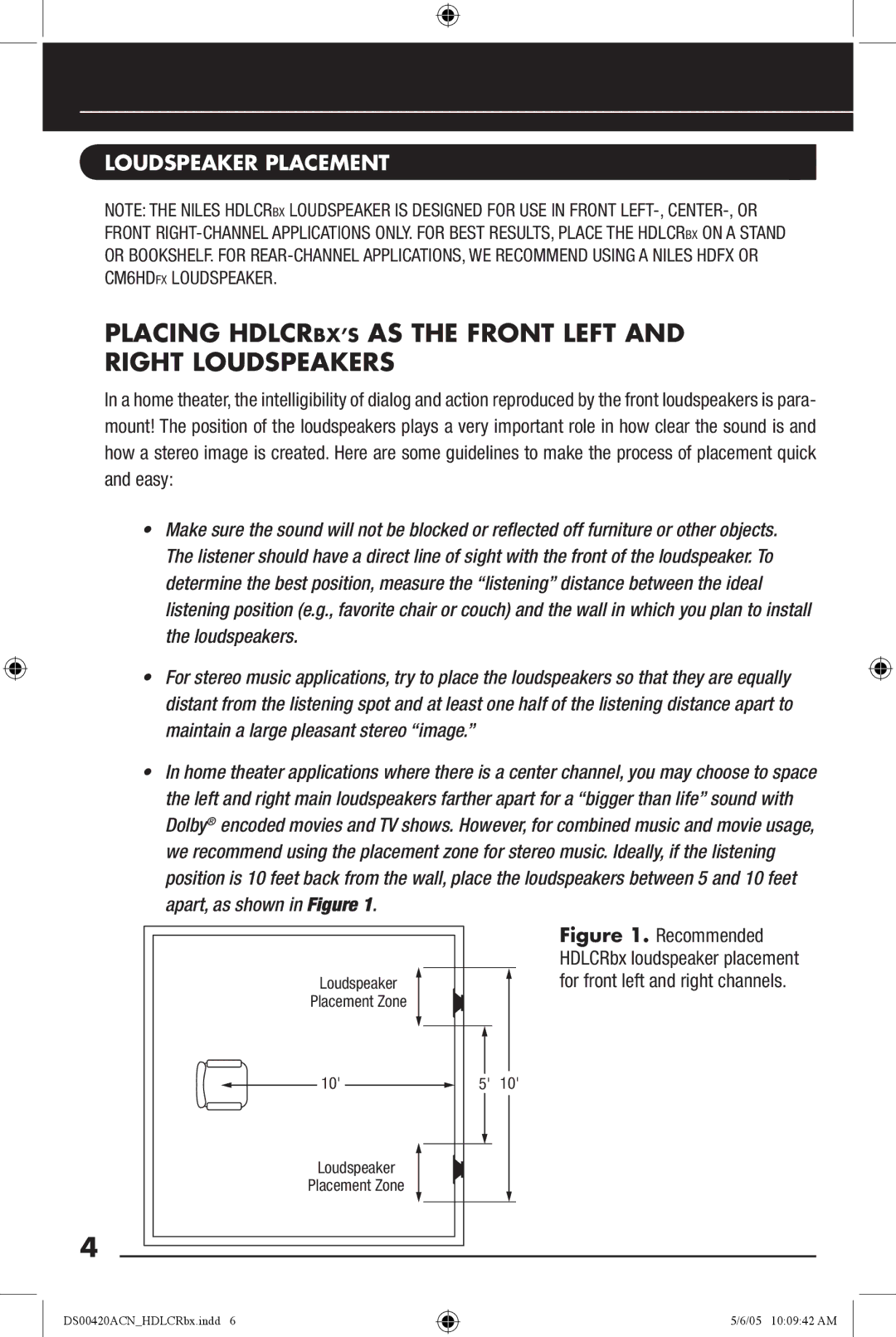 Niles Audio DS00420ACN manual Placing HDLCRBX’S AS the Front Left Right Loudspeakers, Loudspeaker Placement 