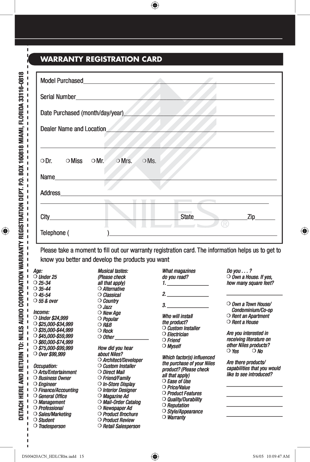 Niles Audio DS00420ACN manual Warranty Registration Card 