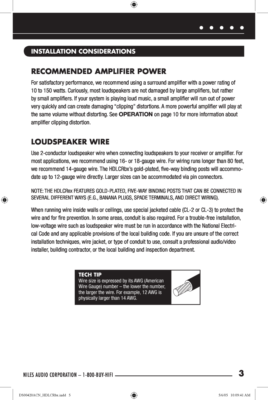 Niles Audio DS00420ACN manual Recommended Amplifier Power, Loudspeaker Wire, Installation Considerations, Tech Tip 