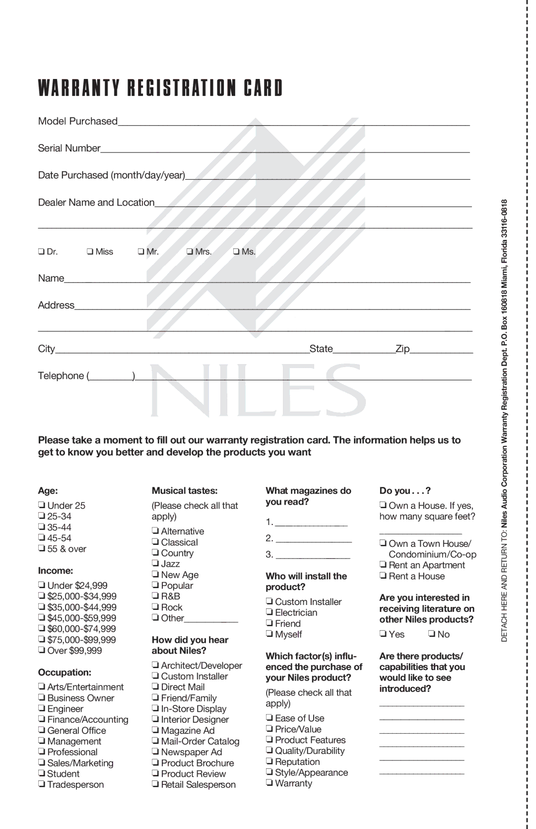 Niles Audio DS8..5, DS8.3 manual Warranty Registration Card 