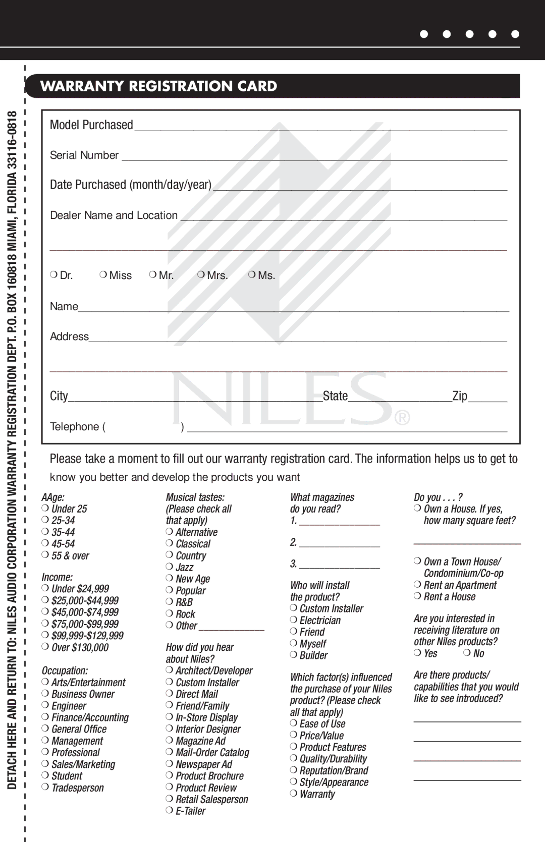 Niles Audio FM-1R manual Warranty Registration Card, Detach here and return to Niles Audio Corporation 