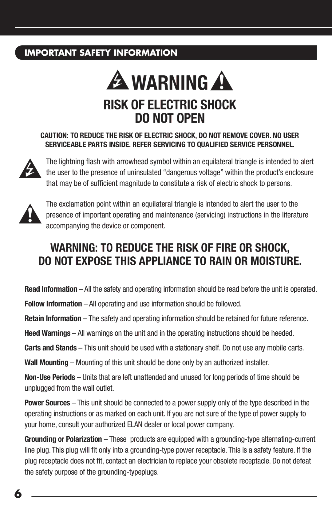 Niles Audio FM-1R manual Risk of electric shock Do not open, Important Safety Information 