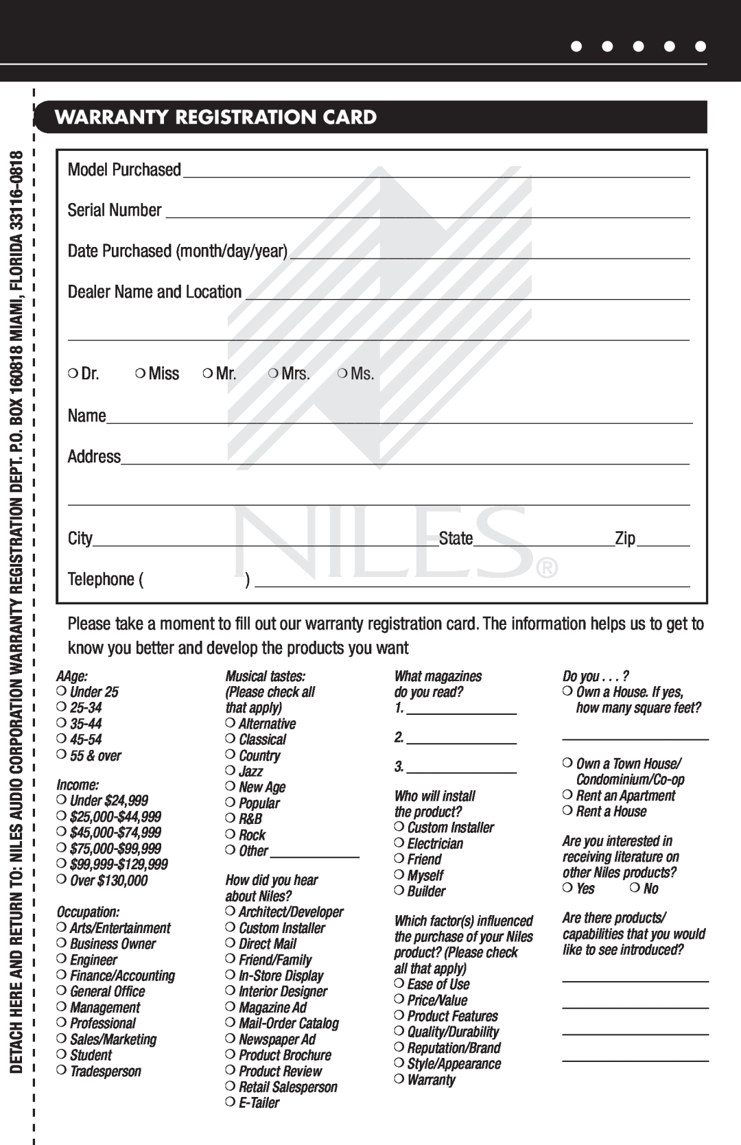 Niles Audio FM-1R manual Warranty Registration Card 