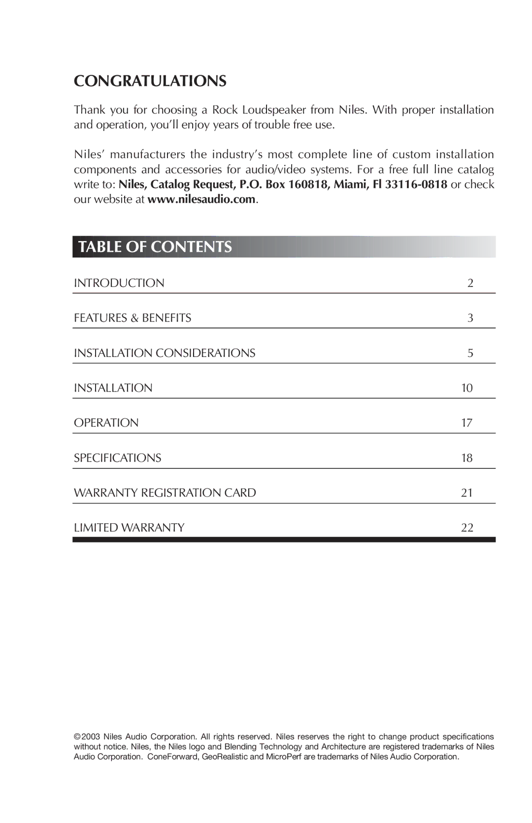 Niles Audio CORAL RS6, GRANITE RS6, SANDSTONE RS6 manual Congratulations, Table of Contents 