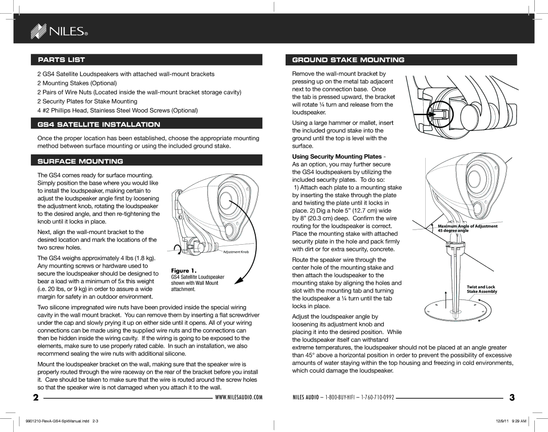 Niles Audio GS4 manual Parts List, Gs4 sateLLite instaLLation, Ground stake mounting, SurfaCe mounting, Locks in place 