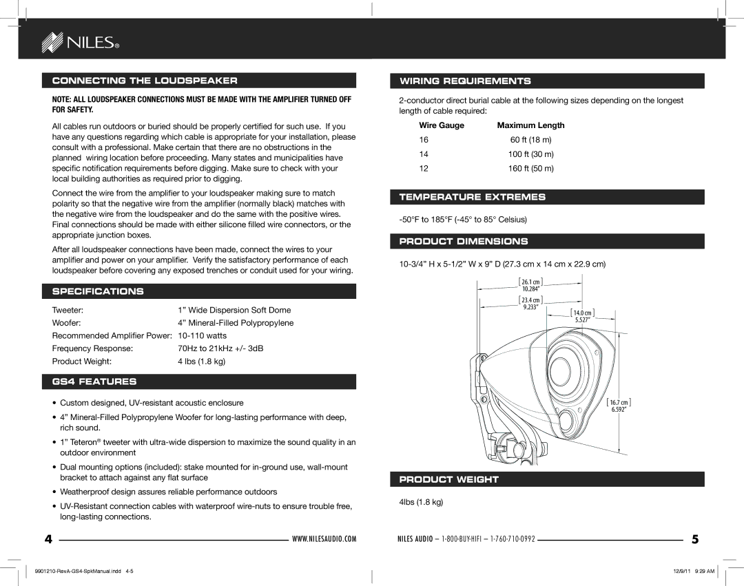 Niles Audio GS4 Connecting the Loudspeaker, Wiring Requirements, Temperature Extremes, Product Dimensions, Specifications 