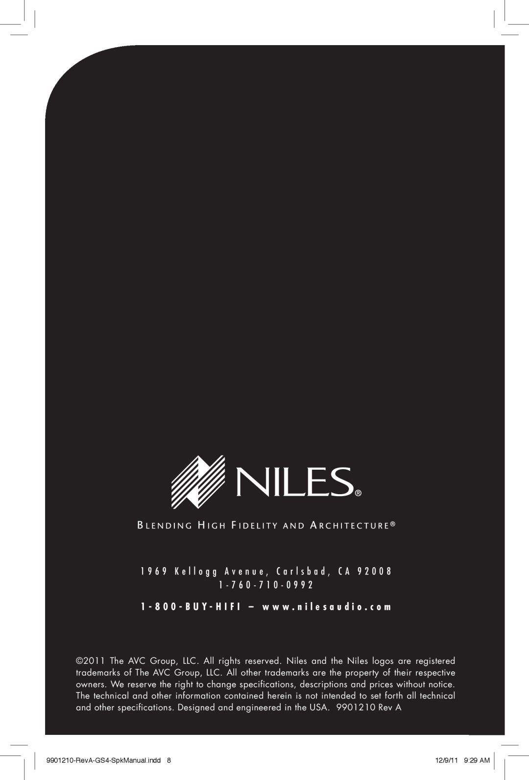 Niles Audio manual 1 - 7 6 0 - 7 1 0, RevA-GS4-SpkManual.indd8, 12/9/11 9 29 AM 
