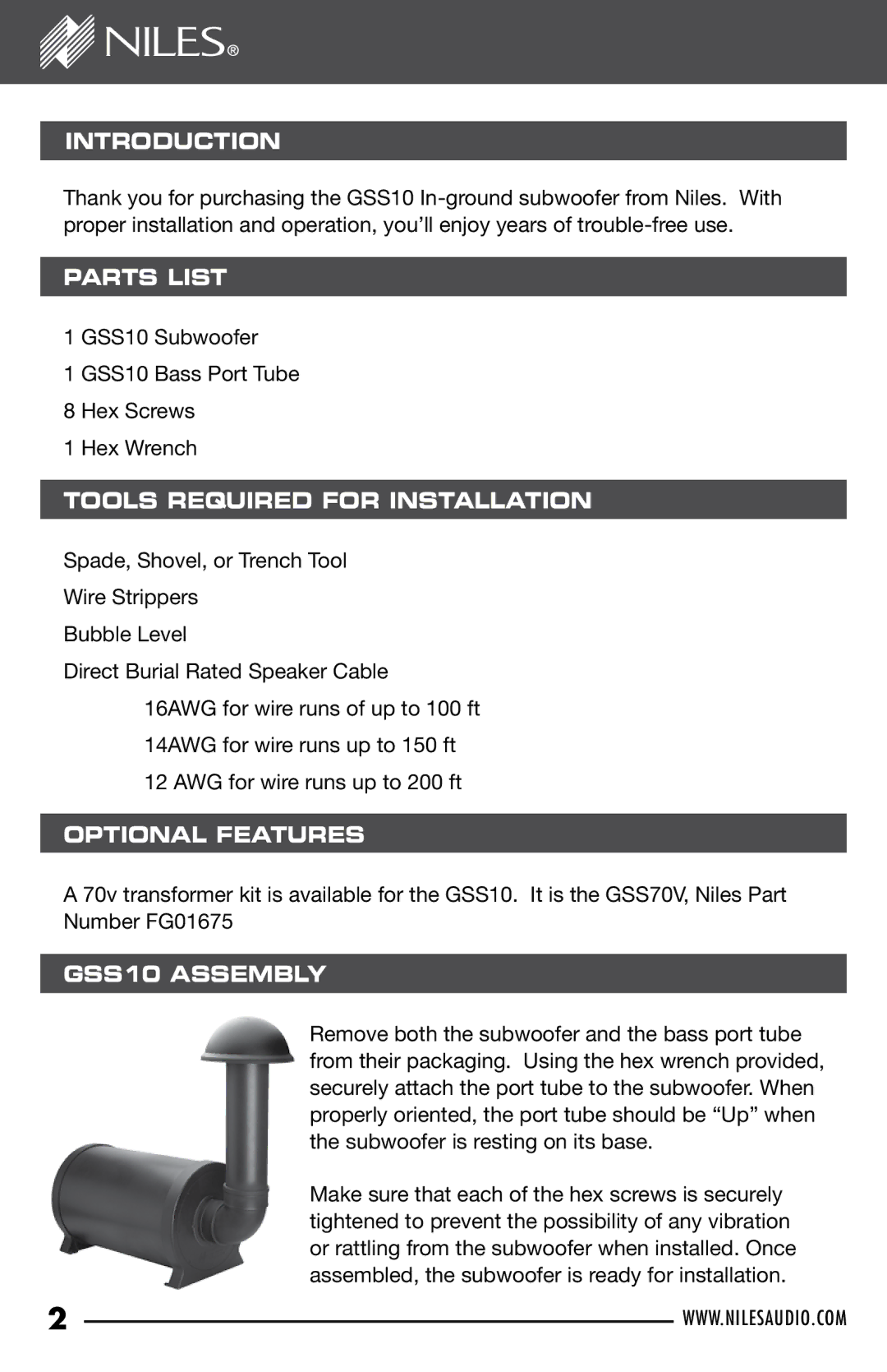 Niles Audio manual Introduction, Parts List, Tools Required for Installation, Optional Features, GSS10 Assembly 