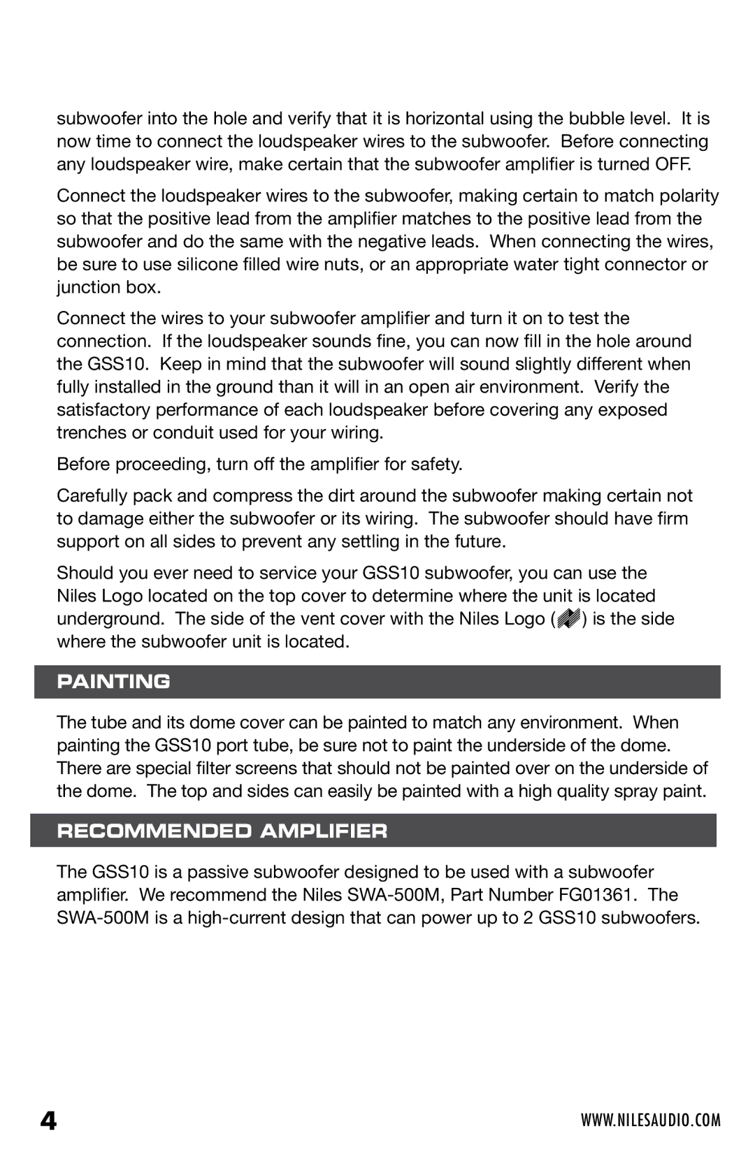 Niles Audio GSS10 manual Painting, Recommended Amplifier 