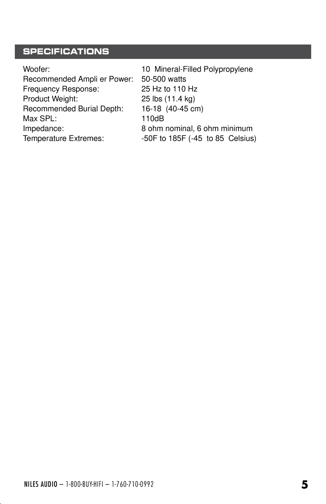 Niles Audio GSS10 manual Specifications 