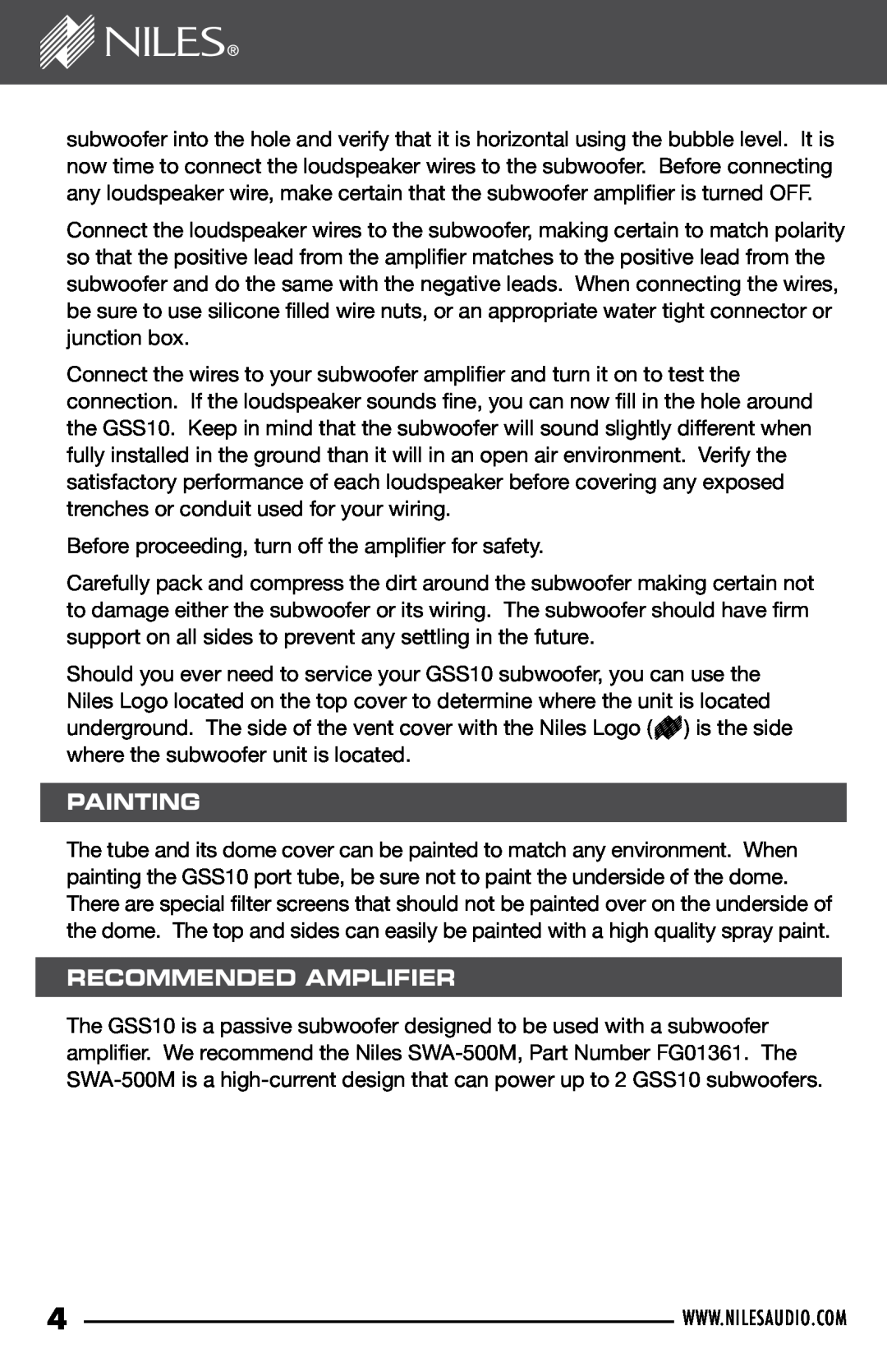 Niles Audio GSS10 manual Painting, Recommended Amplifier 
