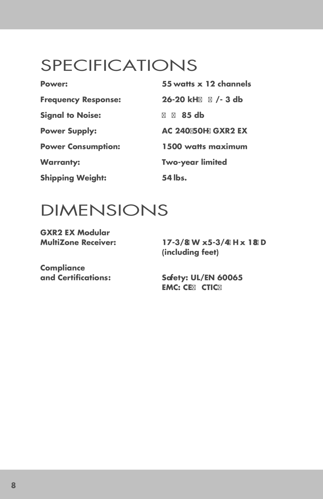 Niles Audio GXR2 EX manual Specifications 