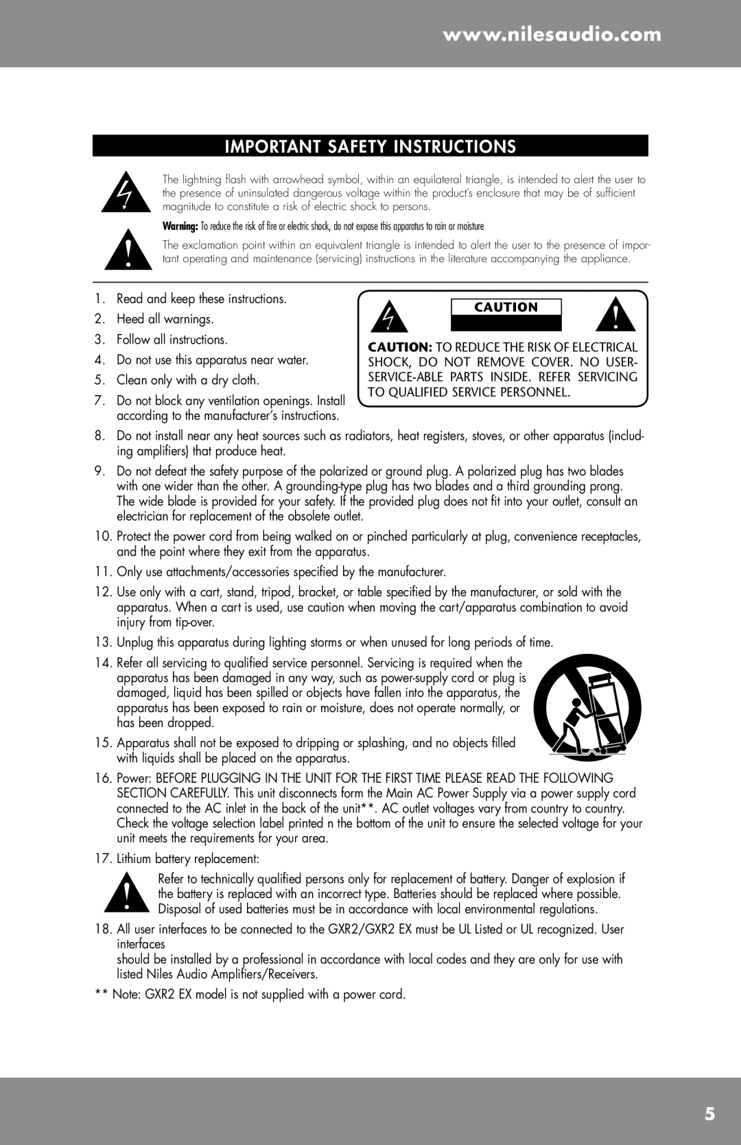 Niles Audio GXR2 manual Important Safety Instructions 