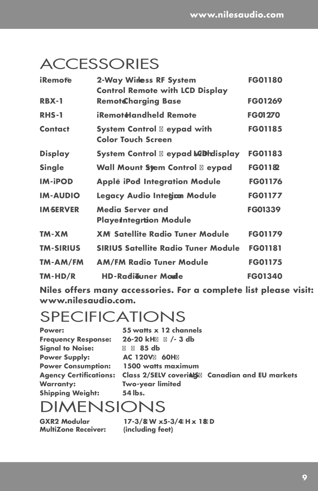 Niles Audio GXR2 manual Accessories, Specifications 