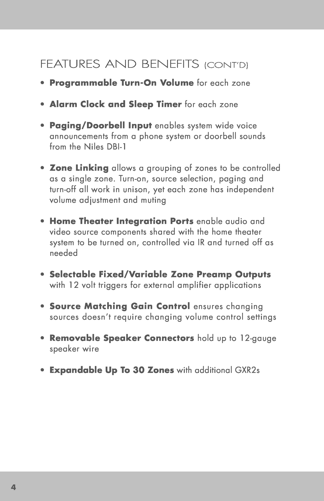 Niles Audio GXR2 manual Features And Benefits Cont’D 